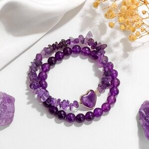 🆕New Healing Amethyst Crystal Gemstone Bracelet Set with Heart Charm